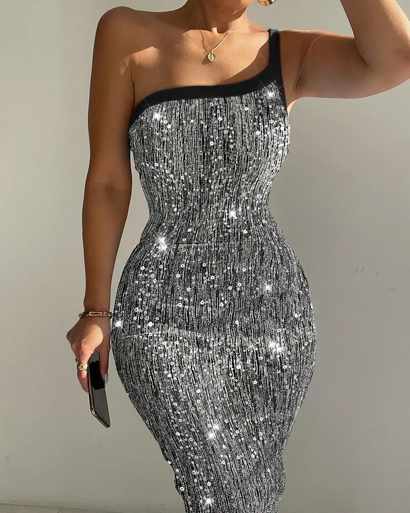 Women Sexy Slim Glitter Lurex One Shoulder Spaghetti Strap Slim Fit Bodycon Allover Sequin Midi Evening Dress - JN Fashion Fusion