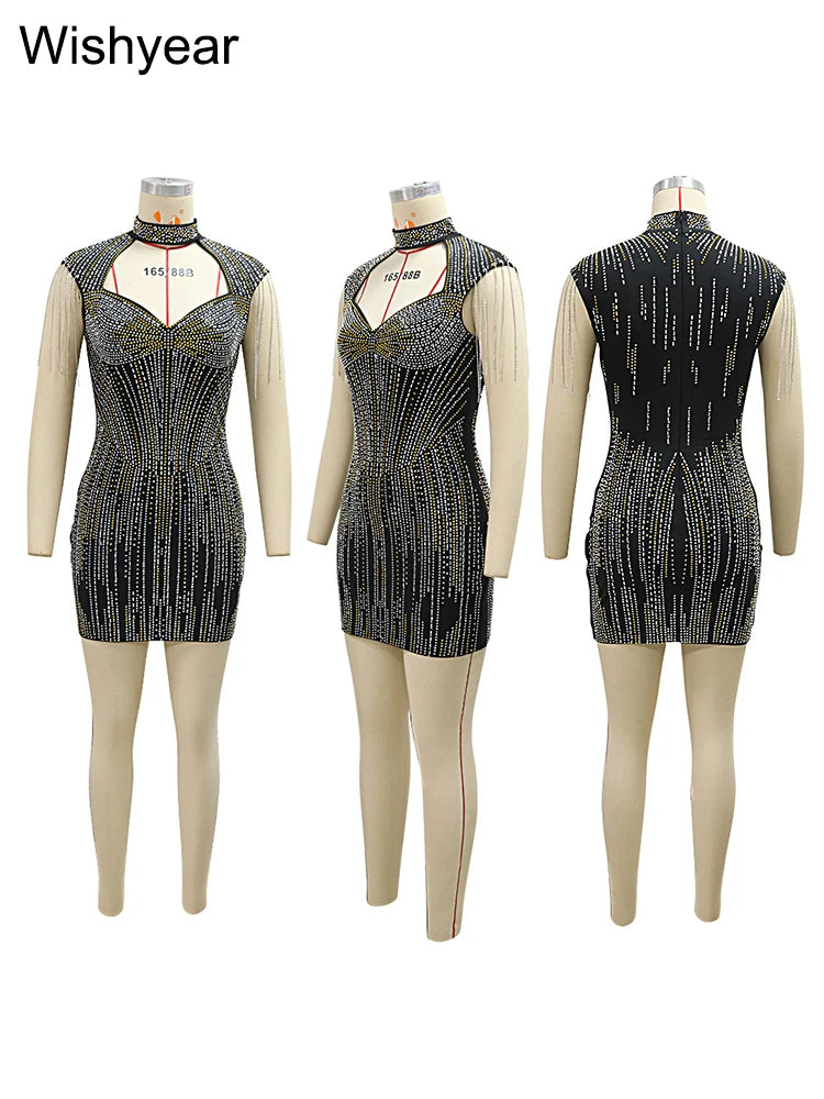 New Luxury Crystal Tassels Rhinestone Night Club Short Dress for Women Hollow Out Sleeveless Sexy Party Birthday Festival Outfit - JN Fashion Fusion