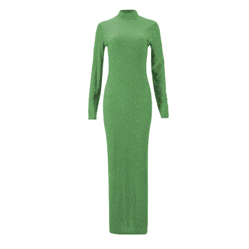 New Fashionable Round Neck Long Sleeve Flocked Slim European and American Women's Dress