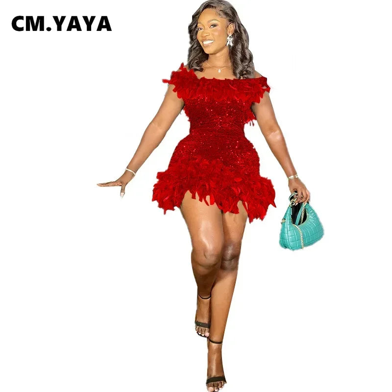 CM.YAYA Women Feather Splicing Off Shoulder Sequined Bodycon Midi Dress 2023 Vestidos Sexy Party Evening Vestidos Dresses