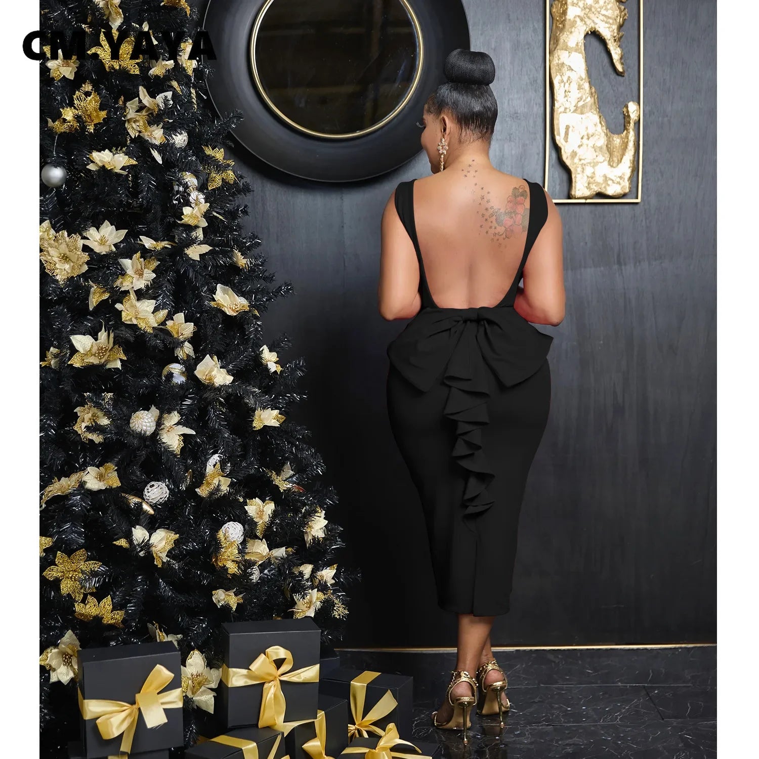 Elegant V-Neck Backless Midi Dress for Women 2025 Spring Sleeveless Bow Sexy Party Birthday Bodycon Dresses Vestidos - JN Fashion Fusion
