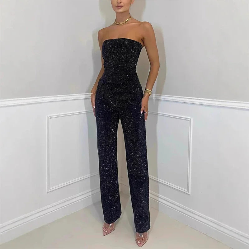 Sexy Women's Sparkling Rhinestone Denim Set Corset Shaping Crop Top Matching Slim Fit Jeans Party Clubwear Cowgirl Style 2pcs - JN Fashion Fusion