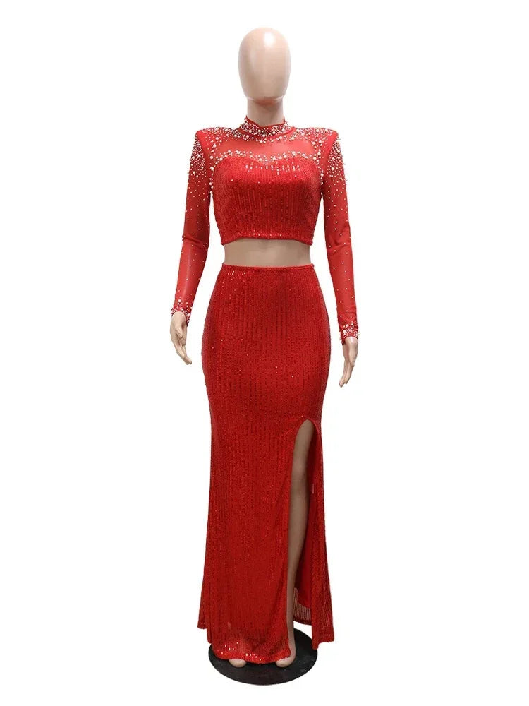 Luxury Sequins Evening Dress Set Beading Diamonds Cropped Tops High Slit Maxi Skirts 2 Piece Outfits Bodycon Party Dinner Gown - JN Fashion Fusion
