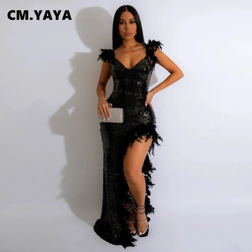 CM.YAYA Women Sequined Spaghetti Strap Feather Hem High Side Slit Mermaid Trumpet Bodycon Midi Evening Sexy Party Maxi Dresses - JN Fashion Fusion