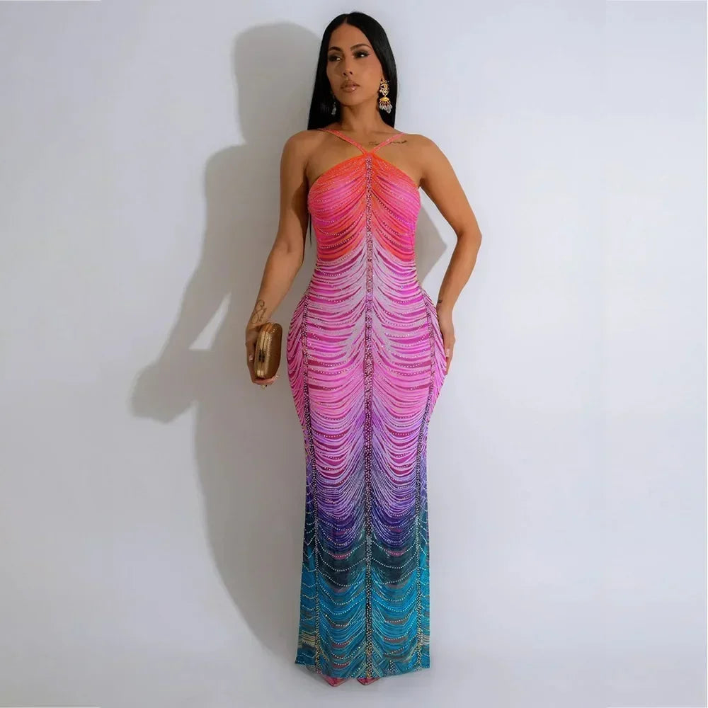 CM.YAYA 2024 Beach Tie Dye Print Diamonds Strap Halter Women's Long Dress Sexy Night Party Sleeveless Bodycon Pencil Dresses - JN Fashion Fusion