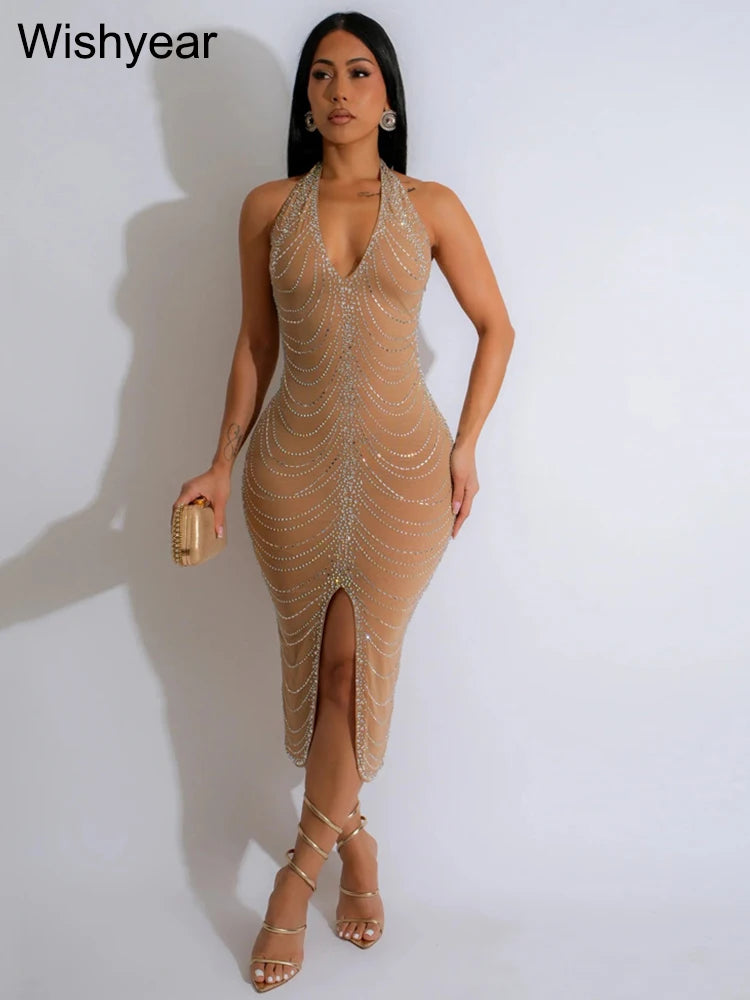 New Sexy Diamonds Halter Black Party Bodycon Midi Dress Women Sleeveless Backless Front Split Birthday Night Prom Club Vestidos - JN Fashion Fusion