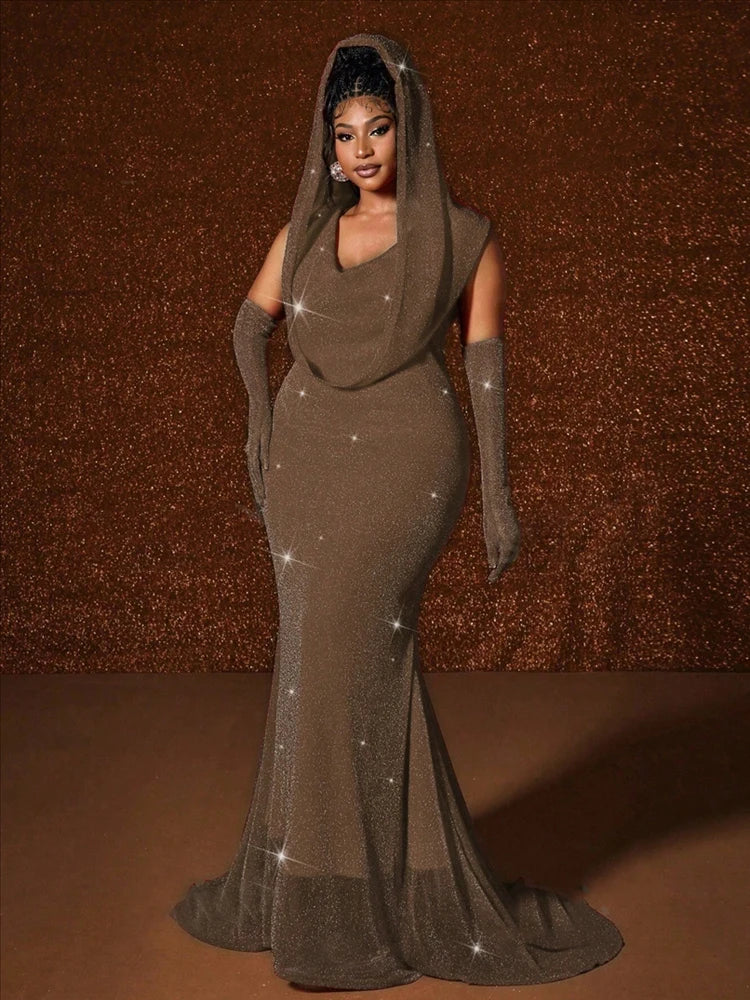 New sequined Hooded Sleeveless Maxi Dress Fishtail Hem Elegant Wedding Guest Dress Plus Size Women's Sexy Slim Dresses In Party