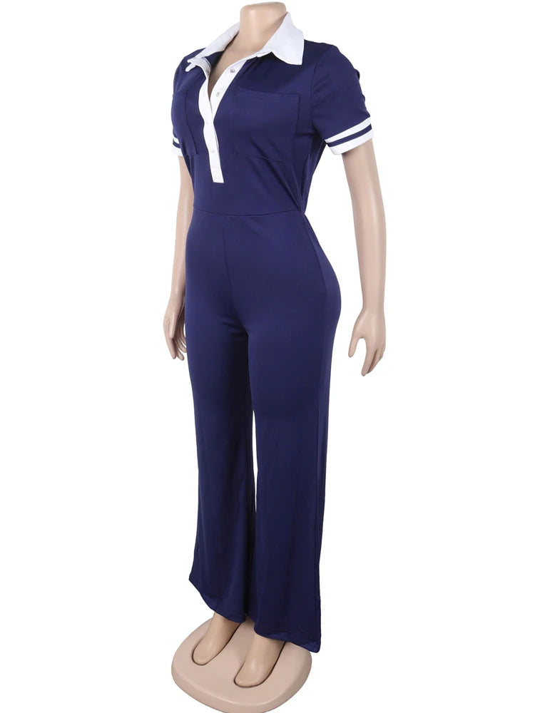 Beyprern Women's Turn-Down Collar Patchwork Wide Legs Jumpsuits Fashion Short Sleeve Stretchy Fitted Overall Night Club Outfits - JN Fashion Fusion