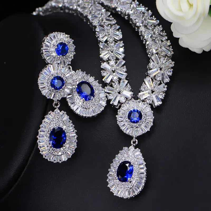 ThreeGraces Luxurious Blue Cubic Zirconia Stone Silver Color Large Bridal Wedding Earrings Necklace Jewelry Set for Women TZ775 - JN Fashion Fusion