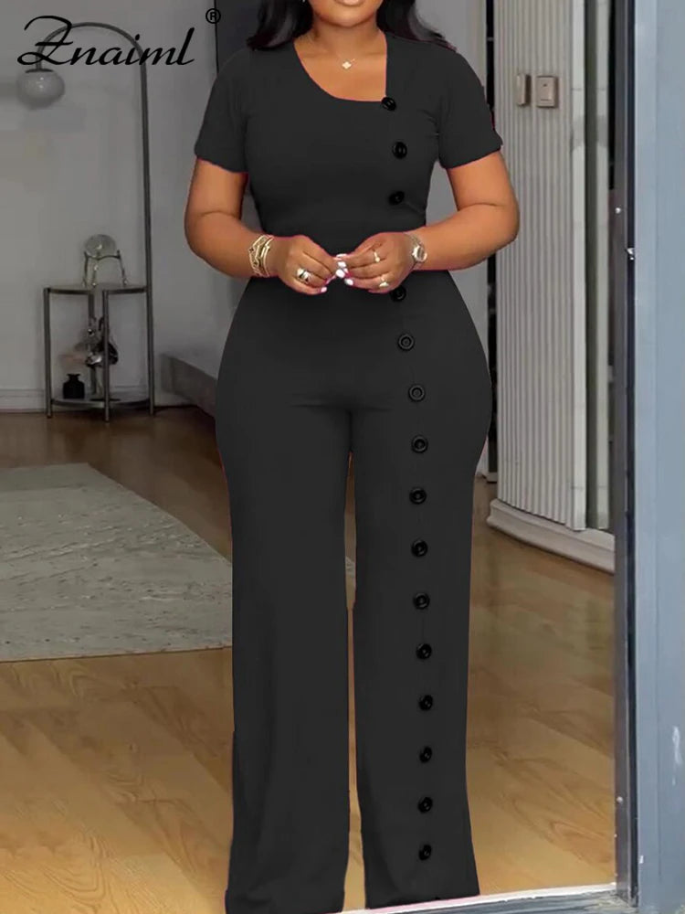 Znaiml Women Elegant Long Jumpsuits for Party Summer Short Sleeve Buttons Solid Color Wide Leg Pants Rompers One Pieces Overalls - JN Fashion Fusion
