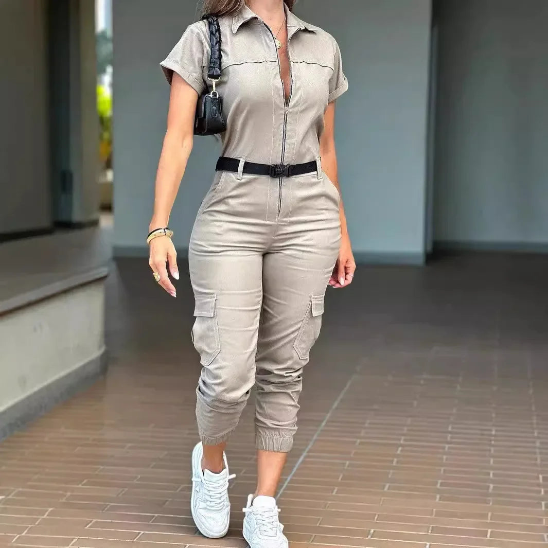 Sexy Women's Jumpsuit 2024 Summer New Fashion Zipper Workwear Short Sleeved Lapel Multi Pocket Waistband Bodysuit Pants Female - JN Fashion Fusion