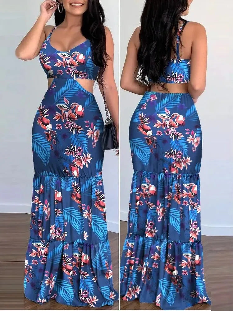 Casual Women's V-neck Pencil Sleeveless Bodycon Long Dress Summer Fashion Floral Spaghetti Strap Back Hollow Out Slim Maxi Dress - JN Fashion Fusion