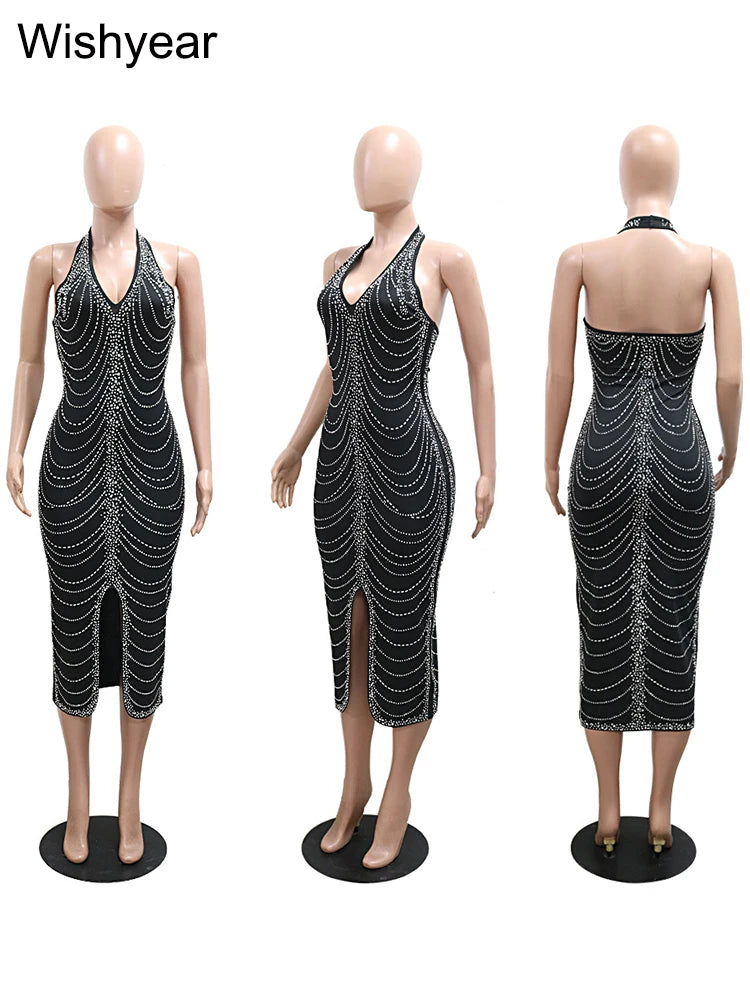 New Sexy Diamonds Halter Black Party Bodycon Midi Dress Women Sleeveless Backless Front Split Birthday Night Prom Club Vestidos - JN Fashion Fusion