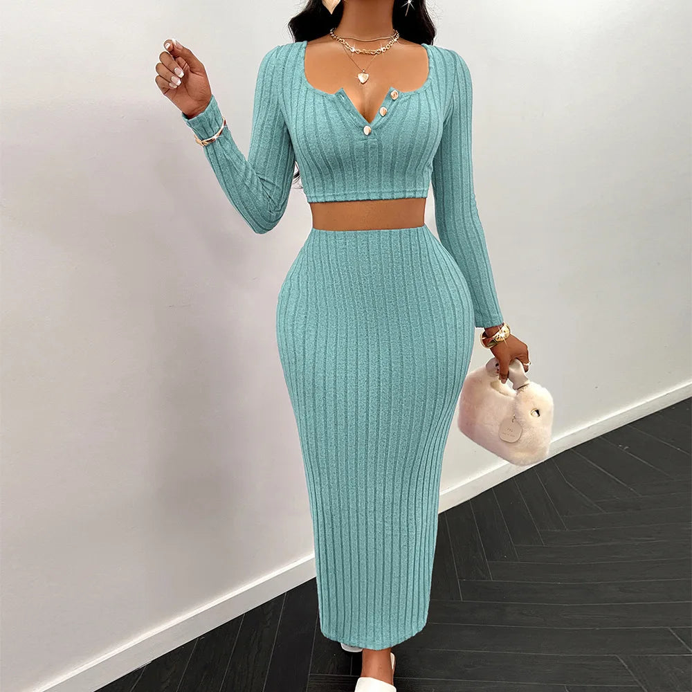 Two Piece Sets Women Skirt Set Full Sleeve Dress Sets Sexy U Neck Bodycon Short Tops Long Skirts Elegant Splice High Waist - JN Fashion Fusion