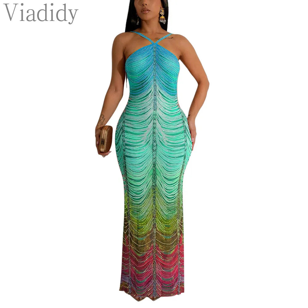 Women Sexy Print Sheer Mesh Sleeveless Spaghetti Strap Rhinestone Decor Floor-length Dress - JN Fashion Fusion