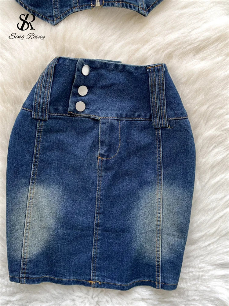 SINGREINY Sexy Vintage Denim Sets Strapless Zipper Backless Belt Mini Top+High Waist Bodycon Skirt Women Summer Fashion Suits - JN Fashion Fusion