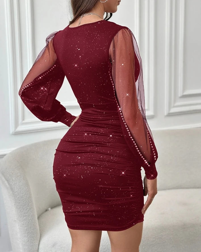 Women's Party Dress 2024 Spring Summer Sexy Plunge Sheer Mesh Patch Glitter Bodycon Mini Dress Long Sleeve Skinny Short Skirt - JN Fashion Fusion