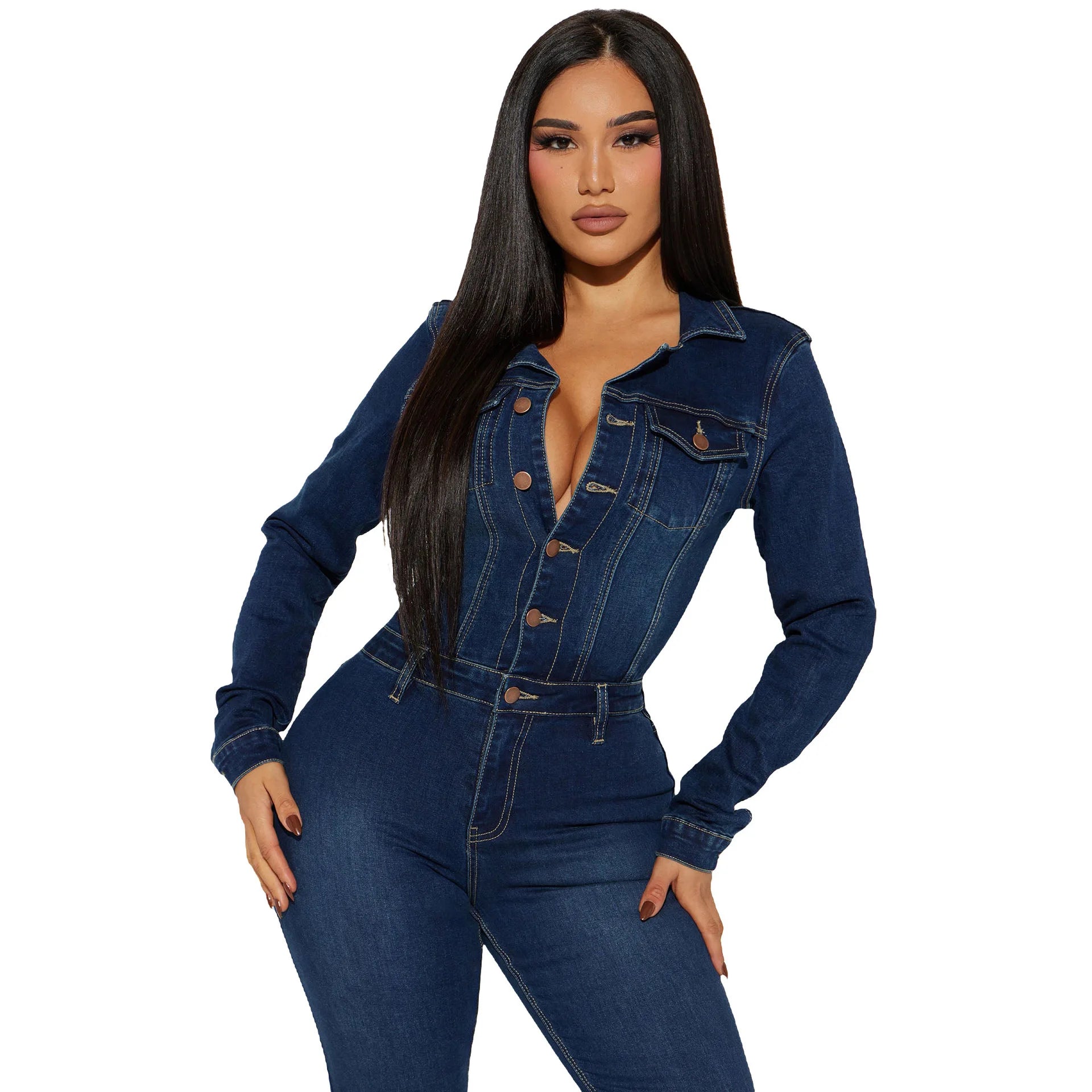 FAGADOER Fashion Denim Elastic Flared Pants Jumpsuits Women Turndown Collar Button Long Sleeve Playsuits Female Cowboy Overalls - JN Fashion Fusion