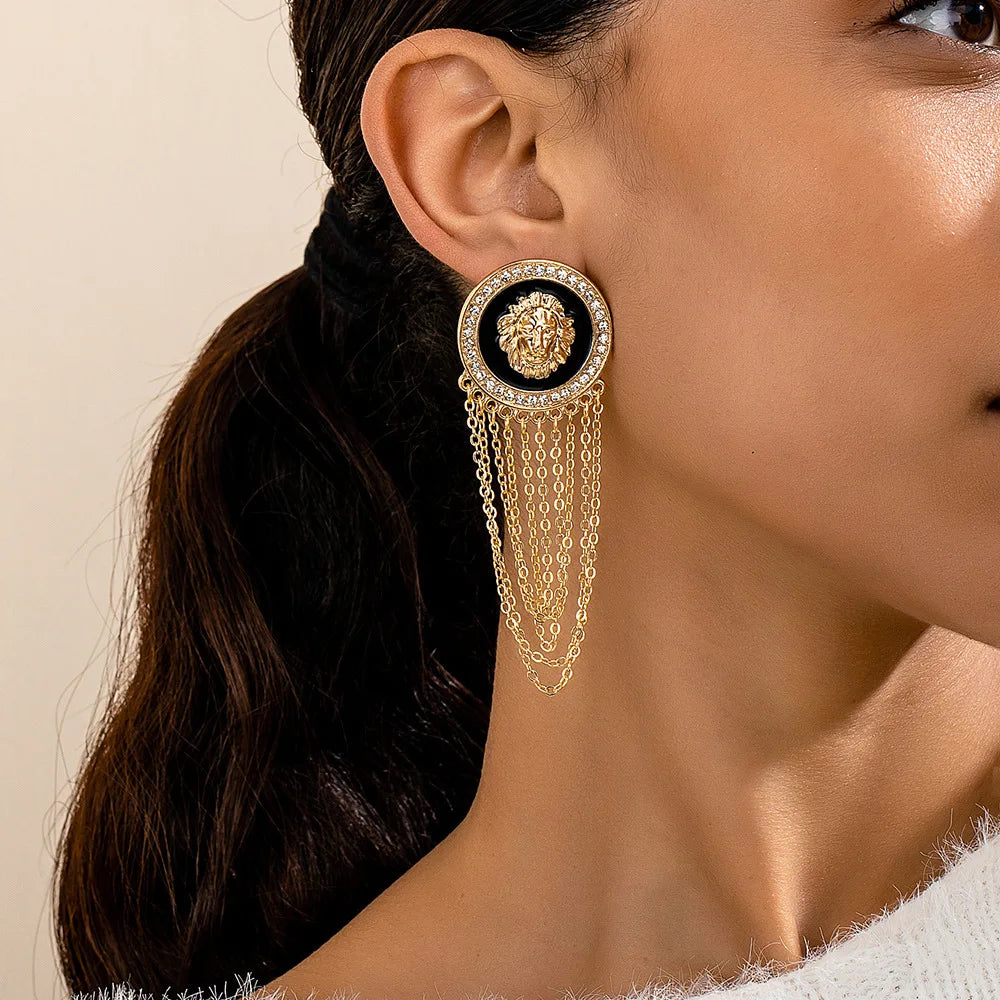 Exaggerated Trendy Lion Head Crystal Earrings for Women Fashion Shiny Long Tassel Simple Oil Dripping Enamel Earrings Jewelry - JN Fashion Fusion