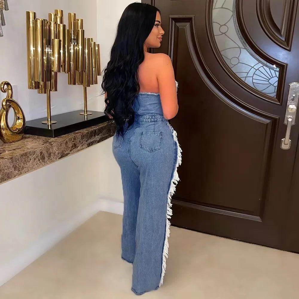 Jumpsuits Women One Piece Strapless Denim Overalls Hole Long Pants Mom Jeans Sexy High Waist Rompers Y2k Streetwear Party