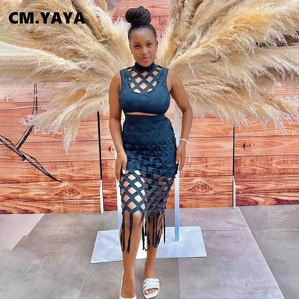 CM.YAYA Women Hollow Out Tassel Bodycon Midi Skirts Set and Sleeveless T-shirt 2023 Summer Party Two 2 Piece Set Outfit Dress - JN Fashion Fusion