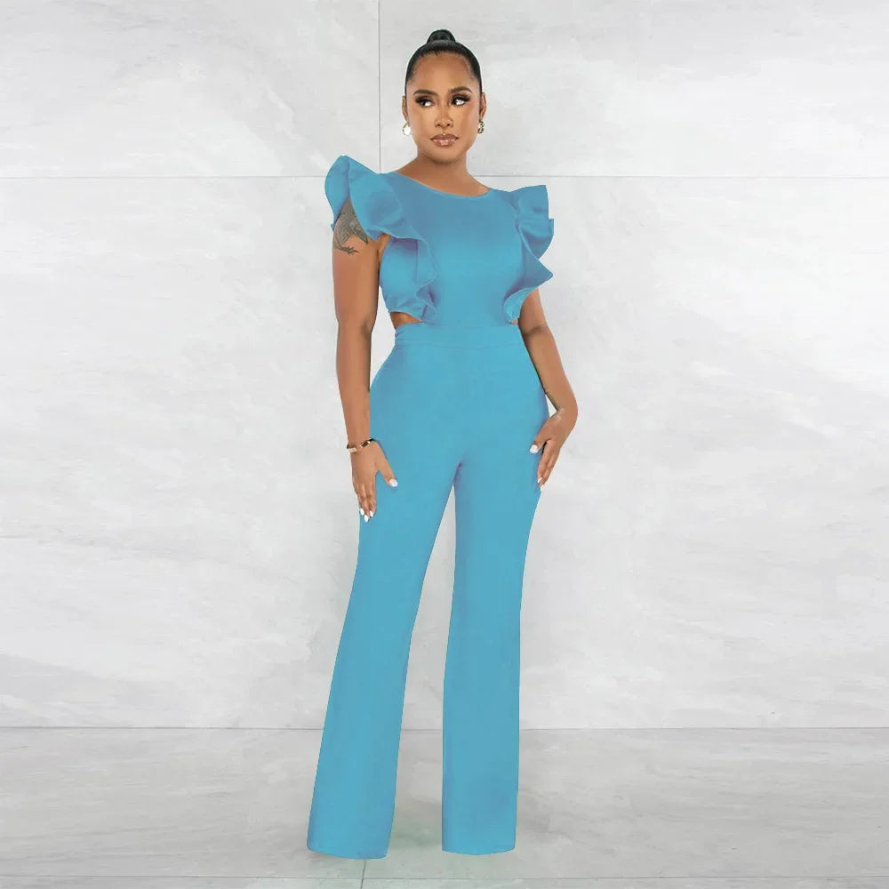 Solid Ruffled Sleeveless Jumpsuit Women Summer Rompers Bodysuits O Neck High Waist Wide Leg Pant Jumpsuit Streetwear Overalls - JN Fashion Fusion