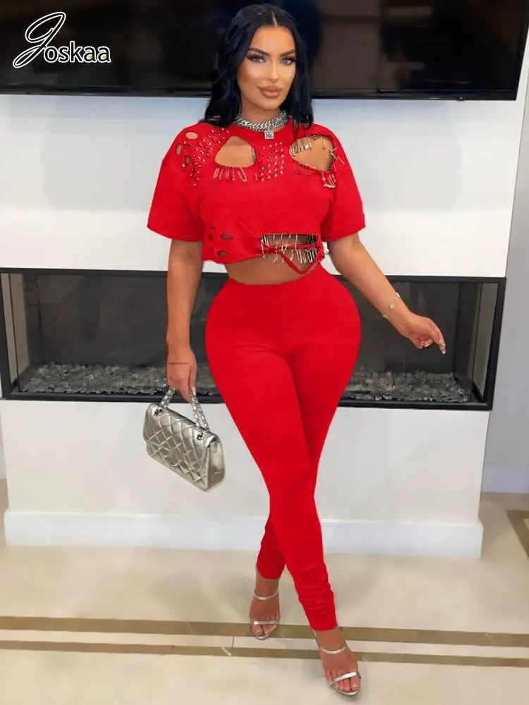 Joskaa Elegant 2 Piece Set Women Sexy Hollow Pin Short Sleeve Crop Tops and Pencil Pants Matching 2025 Summer Party Club Outfits - JN Fashion Fusion