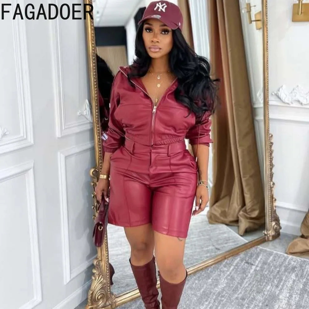 FAGADOER Sexy Leather Patchwork 2 Pieces Set for Woman Outfit Solid Long Sleeves Hooded Crop Top + Shorts Female Streetwear New
