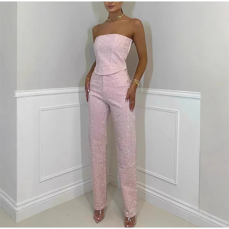Sexy Women's Sparkling Rhinestone Denim Set Corset Shaping Crop Top Matching Slim Fit Jeans Party Clubwear Cowgirl Style 2pcs - JN Fashion Fusion
