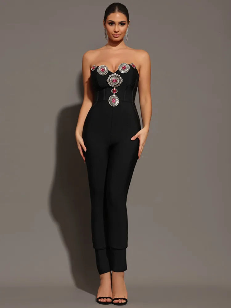 Women Summer Sexy Strapless Diamonds Beading Black Bodycon Bandage Jumpsuit 2024 Celebrity Designer High Street Rompers - JN Fashion Fusion