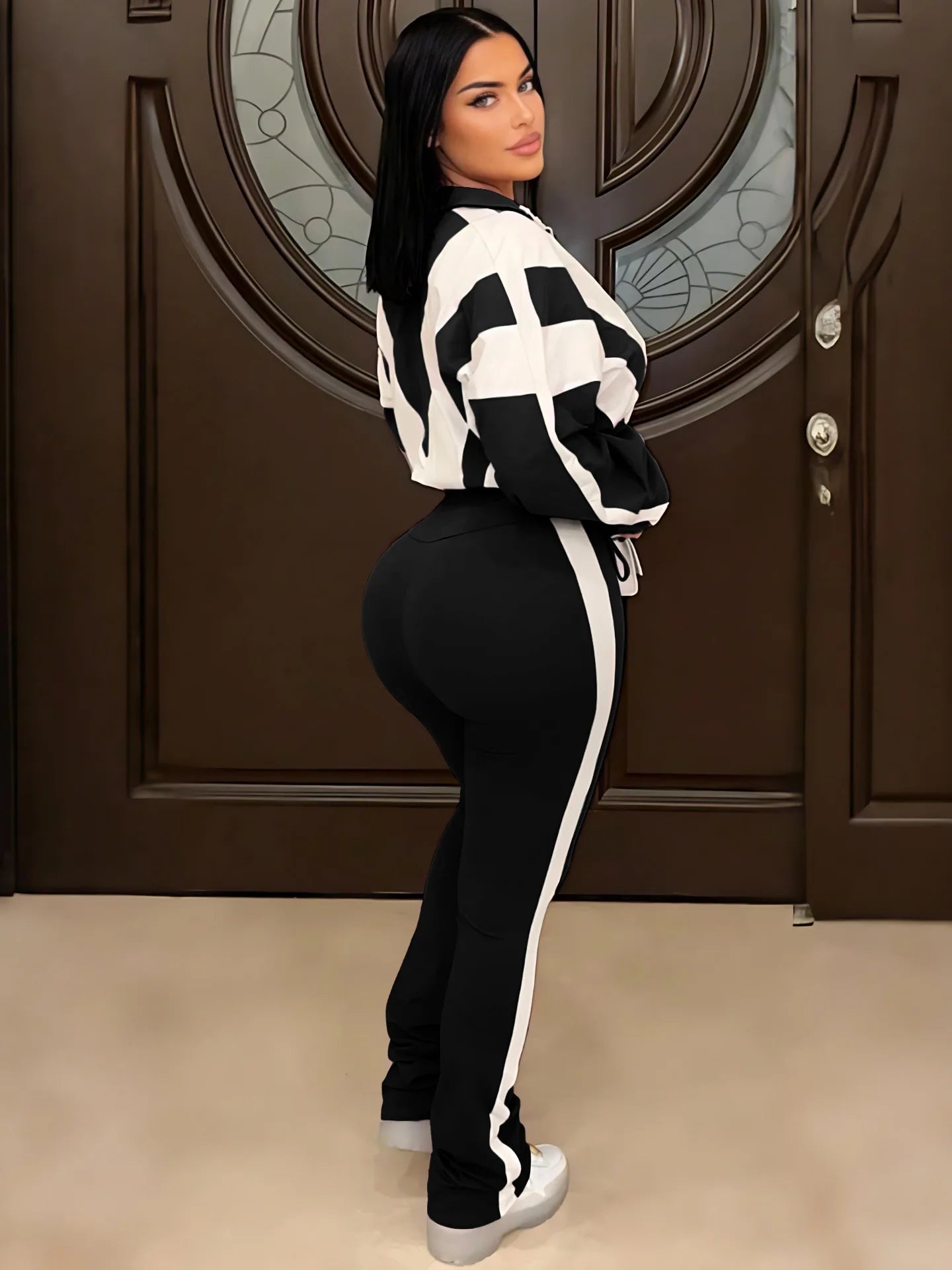 Sister Star Women's Suit Color Collision Splicing Sports Fashion Casual High Waist Pants Cardigan Jacket Commuting Two-piece Set - JN Fashion Fusion