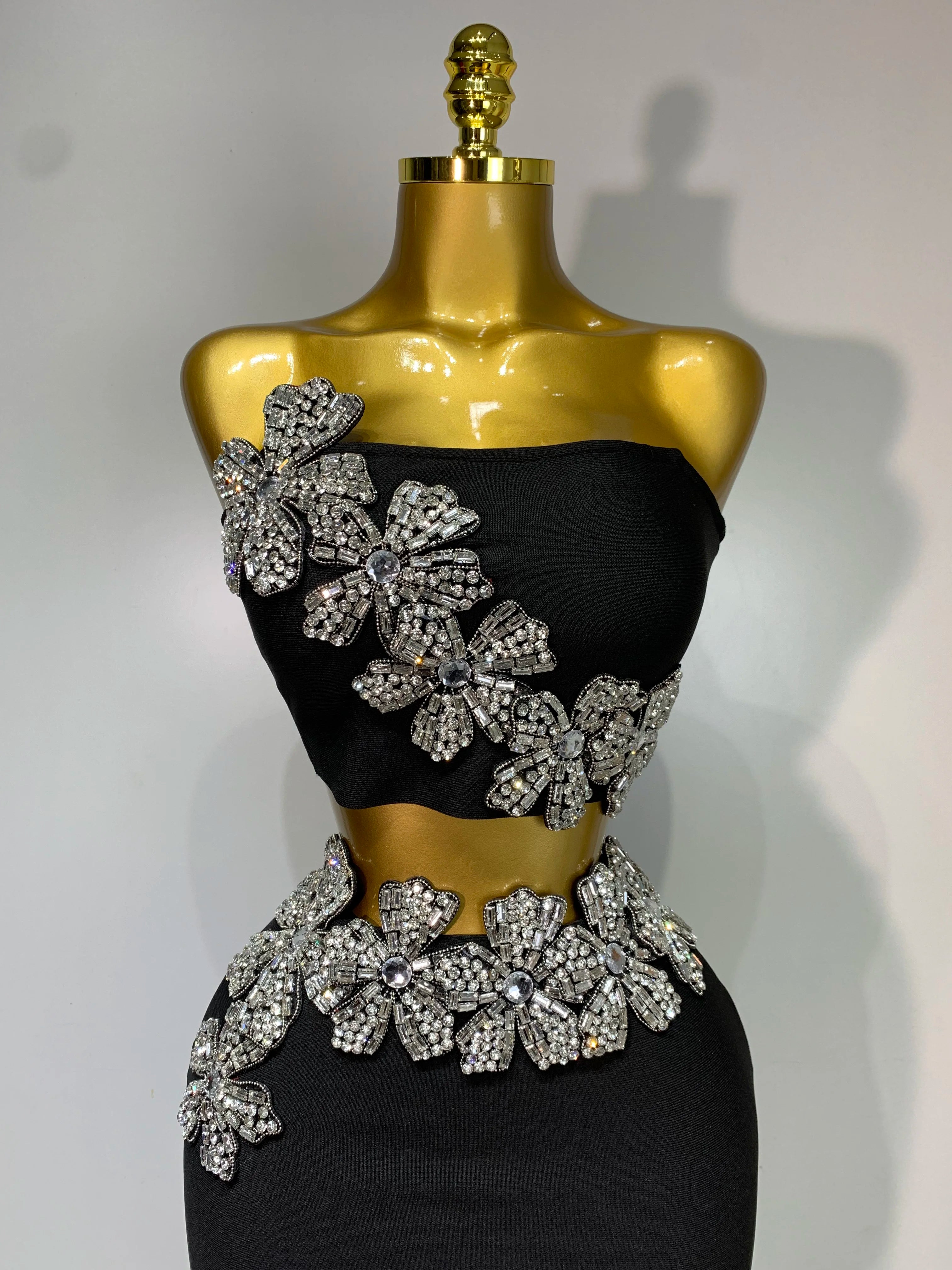 Women Sexy Strapless Flower Diamonds Black Maxi Long Bandage Two Piece Set 2025 Knitted Elegant Evening Club Party Prom Gowns - JN Fashion Fusion