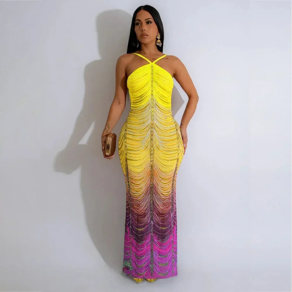 CM.YAYA 2024 Beach Tie Dye Print Diamonds Strap Halter Women's Long Dress Sexy Night Party Sleeveless Bodycon Pencil Dresses - JN Fashion Fusion