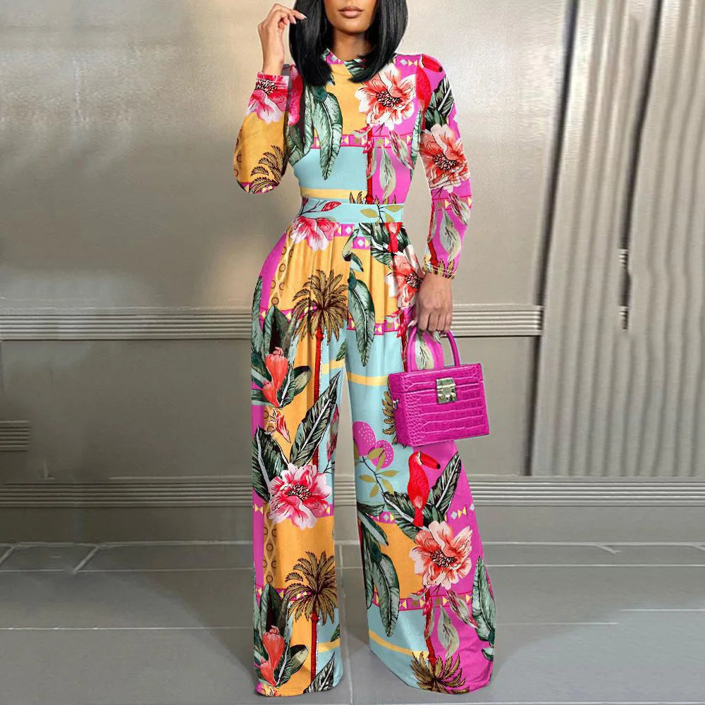 Elegant Women Stand Neck Slim Long Sleeve Bodysuits Fall/winter Fashion Print Wide Leg Rompers Casual Waist Jumpsuits Streetwear - JN Fashion Fusion