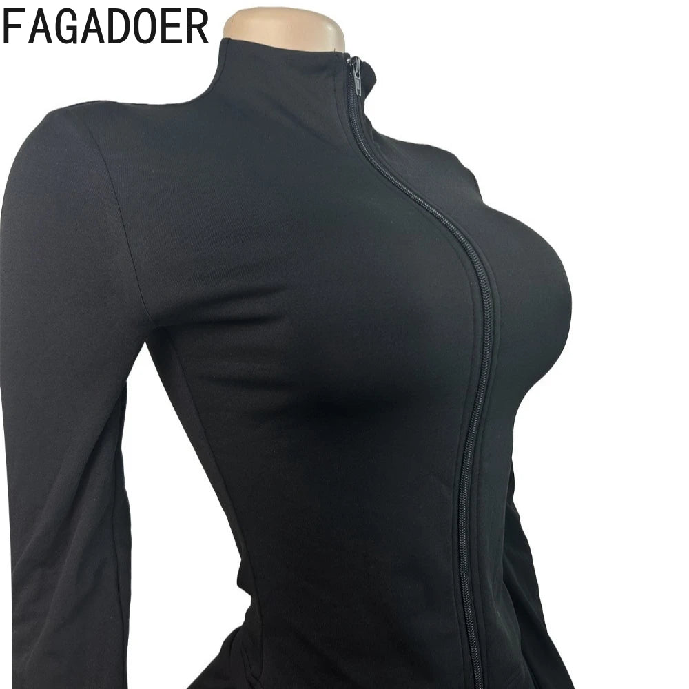 FAGADOER Casual Woman 3 Piece Set Outfit Solid Color Long Sleeves Crop Top + Flare Pants Matching Female Streetwear Clothing