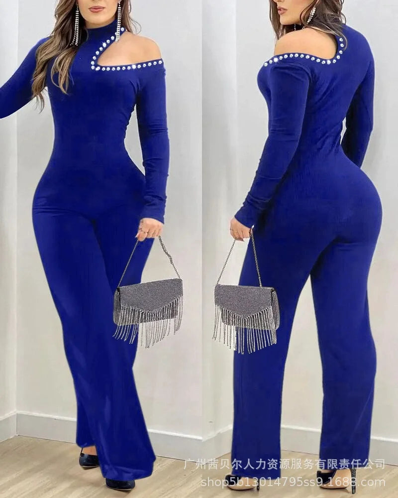 Rhinestone Jumpsuits Women Cold Shoulder High Neck High Waist Rompers Jumpsuit Long Sleeve Slim Fit Flared Pants Jumpsuit
