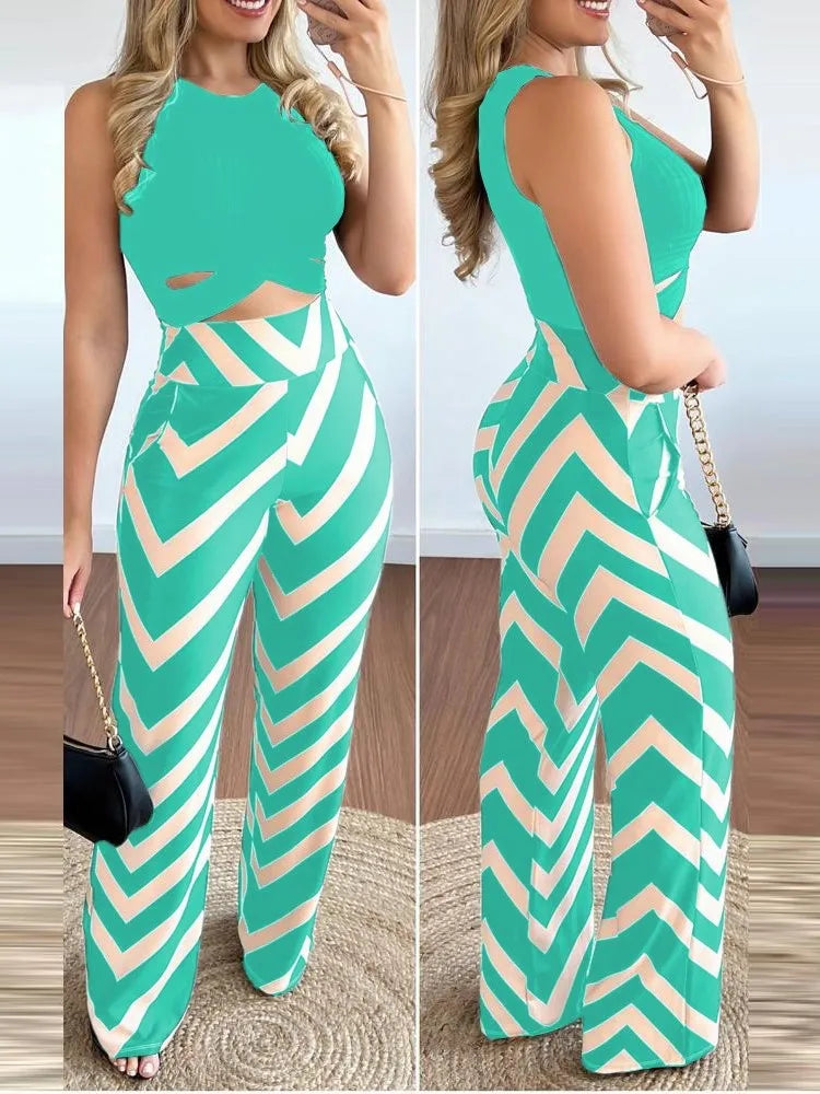 Spring Summer New Sleeveless Short Top Women's Suit Fashion Printed Trousers Slim Slim Simple Elegant Female Office 2 Piece Set - JN Fashion Fusion