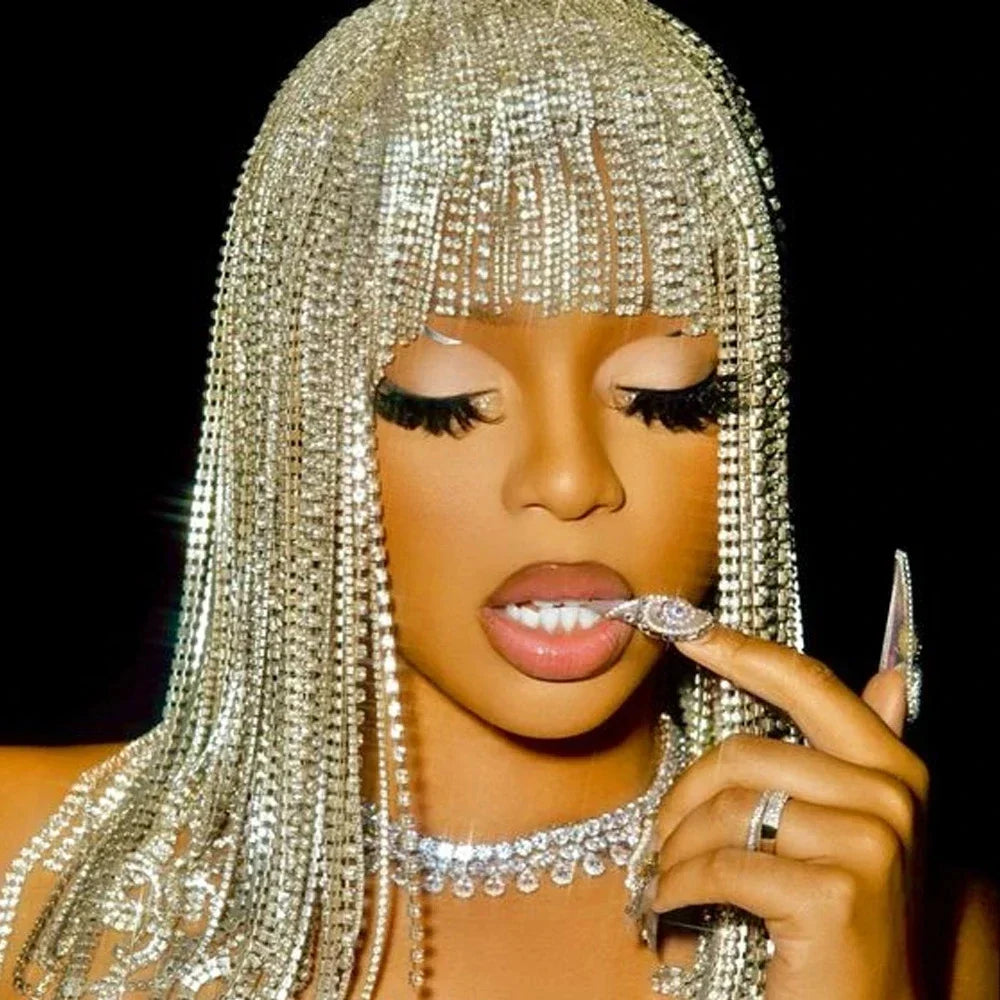 Gorgeous Long Tassel Headpiece Rhinestone Hair Chain Headband Bling Bridal Hat Women Crystal Hollow Head Chain Jewelry - JN Fashion Fusion
