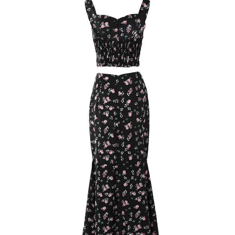 Skirt Set Women Two Piece Sets Print Floral Sleeveless Slim Fit Sexy Sling Tops Elegant Splice A Line Hip Wrap Long Skirts - JN Fashion Fusion