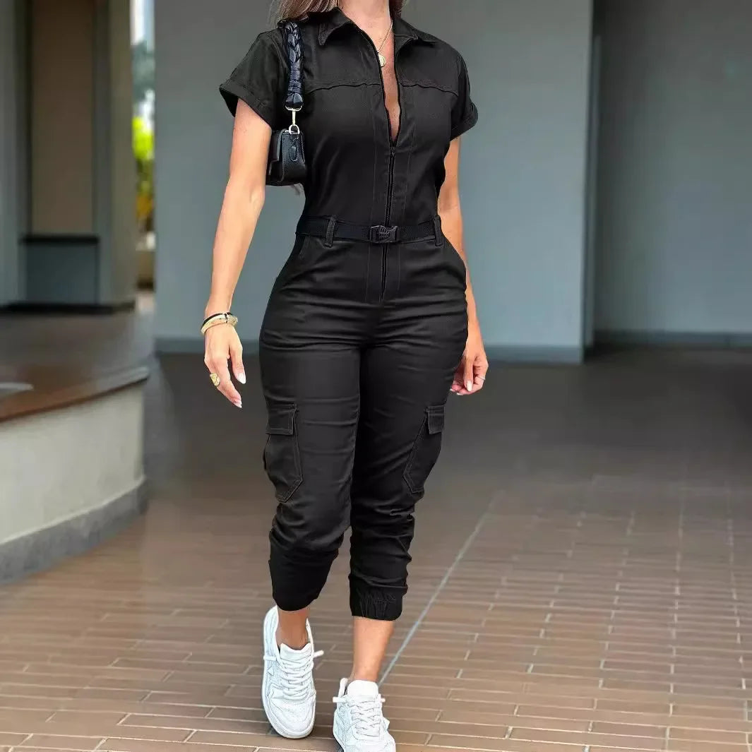 Sexy Women's Jumpsuit 2024 Summer New Fashion Zipper Workwear Short Sleeved Lapel Multi Pocket Waistband Bodysuit Pants Female - JN Fashion Fusion