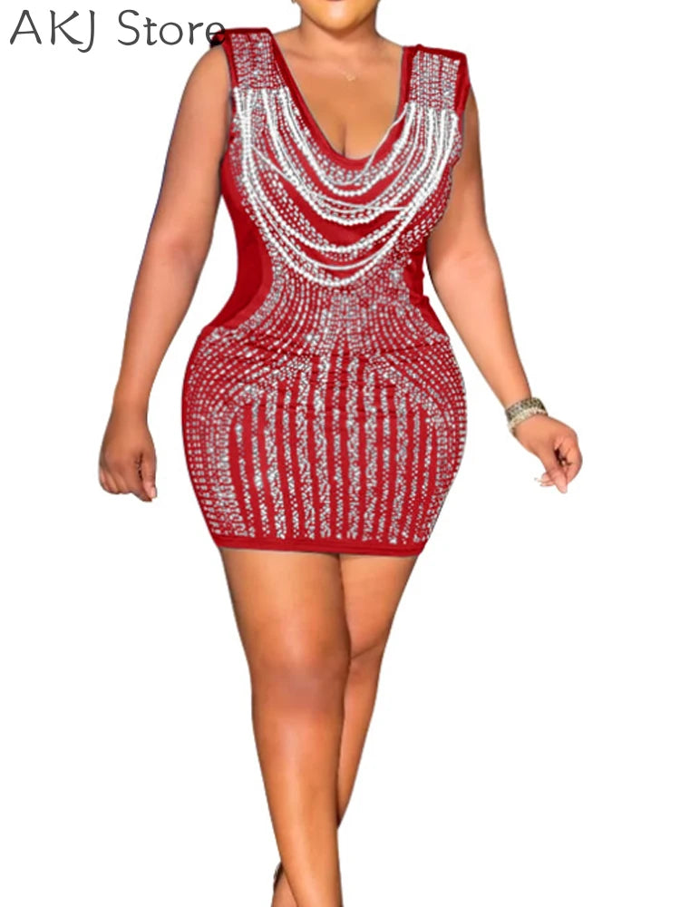 Sexy Shiny Deep V Neck Sleeveless Hollow Out Rhinestone Party Dress