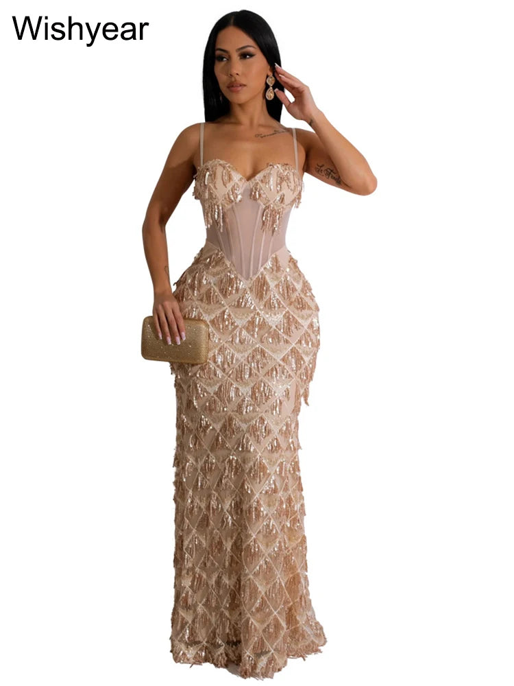 Wishyear Sexy Nightclub Birthday Even Party Dresses for Women Sequined Spaghetti Stap Mesh Patchwork Tunic Bodycon Maxi Vestidos - JN Fashion Fusion