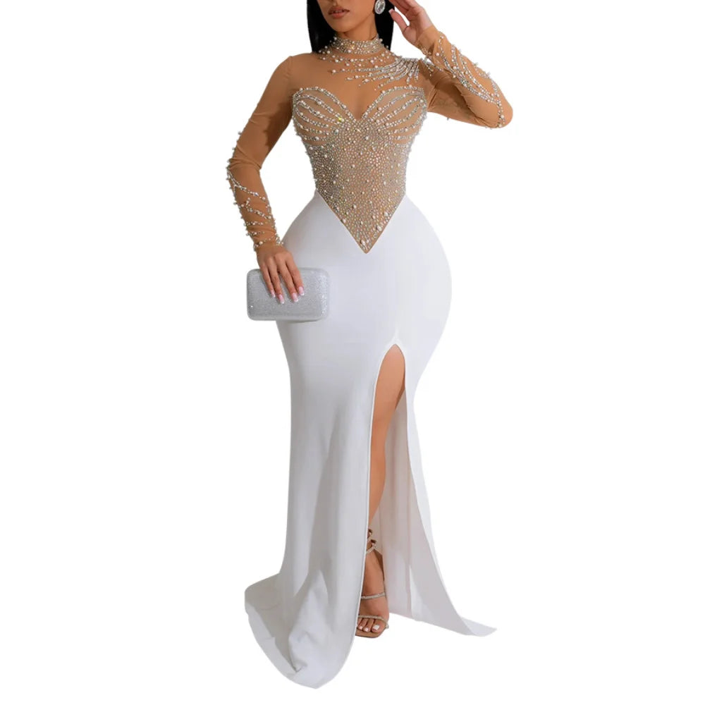 Plus Size Pearl Party Dress Female Diamond Sheer Mesh Clothing Evening Luxury Club Outfit 2024 Spring Elegant Pretty Women Dress