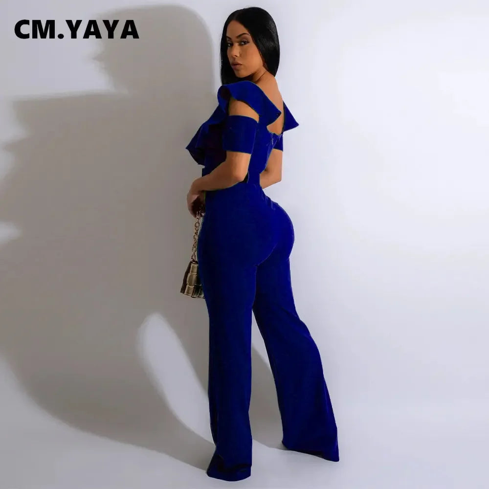 CM.YAYA Vintage Women Butterfly Sleeve Zipper Back Sashes High Waist Straight Wide Leg Jumpsuit 2023 Party Evening One Piece Set - JN Fashion Fusion