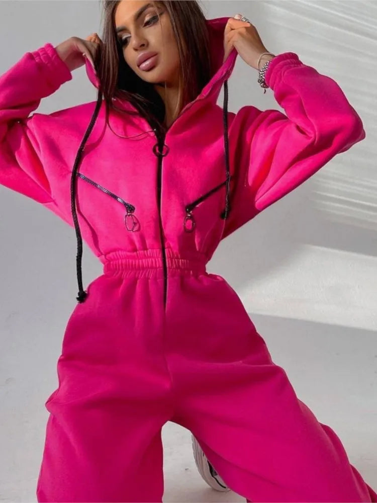 Casual Hooded Sweatshirt Women's Jumpsuits New Autumn And Winter Warm Half Zipper Slim Waist Trotter Female Sports Rompers 2025 - JN Fashion Fusion