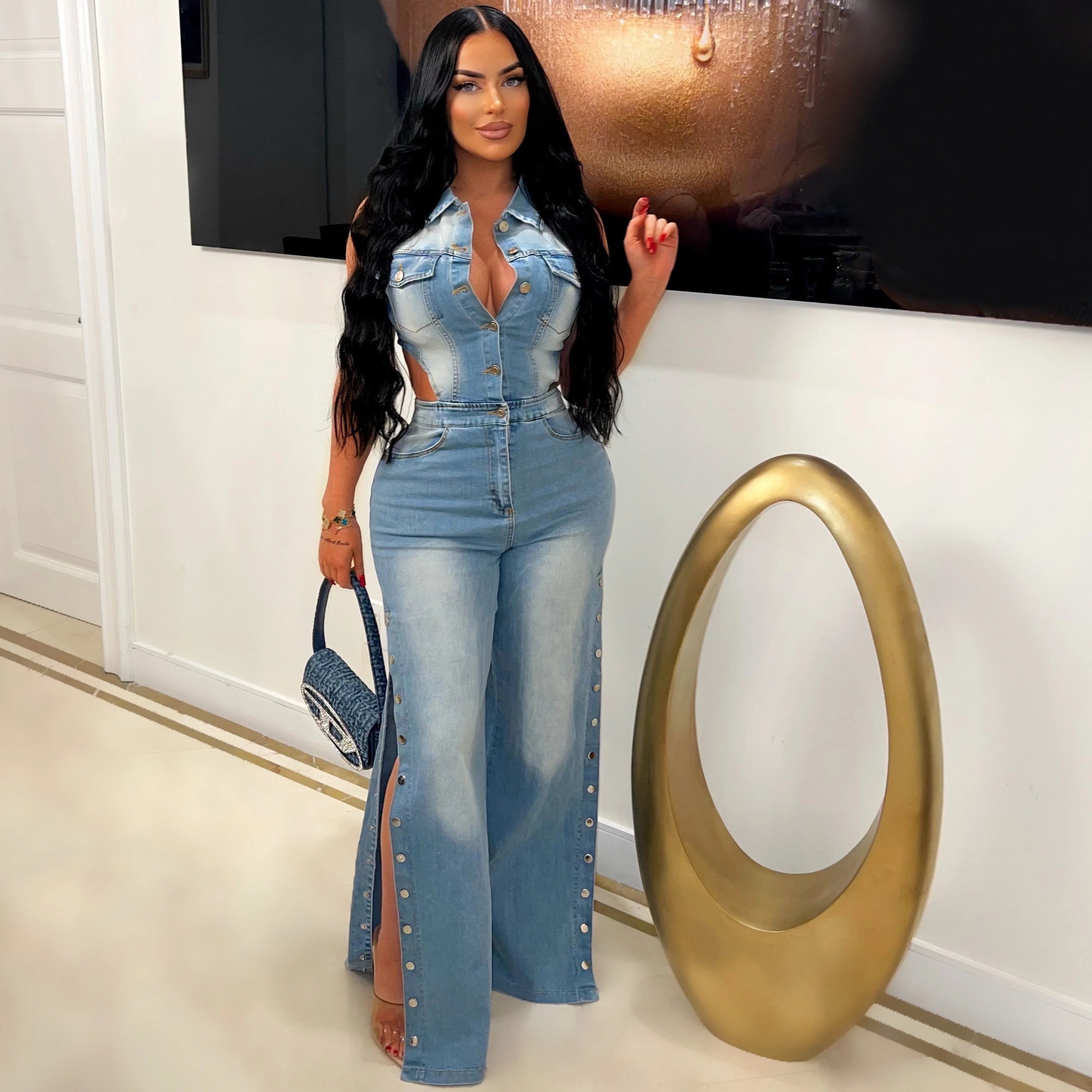 Hollow Out Jeans Cargo Jumpsuit Sexy Women Elegant Denim Stretch Casual Overalls Romper - JN Fashion Fusion