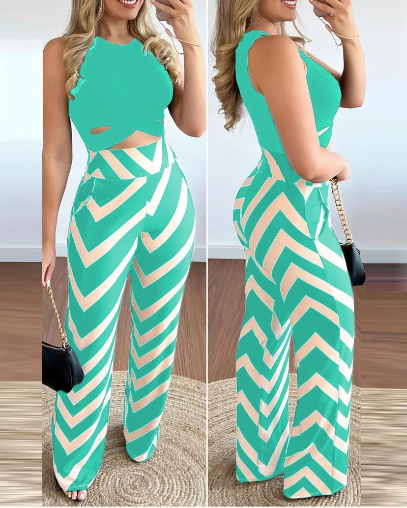 Spring Summer New Sleeveless Short Top Women's Suit Fashion Printed Trousers Slim Slim Simple Elegant Female Office 2 Piece Set - JN Fashion Fusion