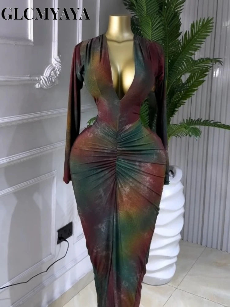 GLCMYAYA Women Printed Deep V-neck Stacked Ruched Bodycon Midi Maxi Dress 2026 Birthday Holiday Party Trendy Dresses Vestidos