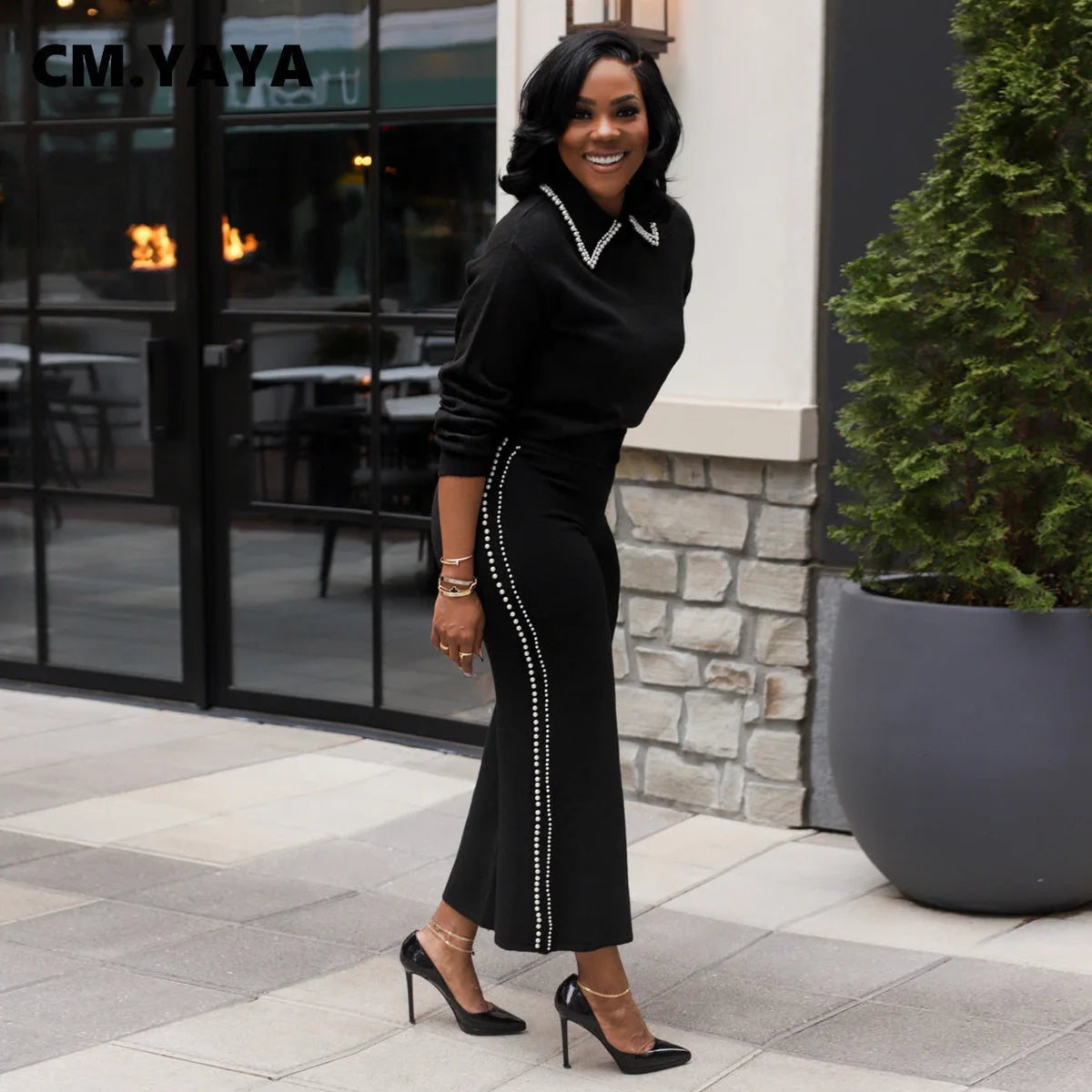 CM.YAYA Fashion Women's Set Full Sleeve Pearl T-Shirt and Wide Leg Pants Suit 2024 Casual Fall Two 2 Piece Sets Outfit Tracksuit - JN Fashion Fusion