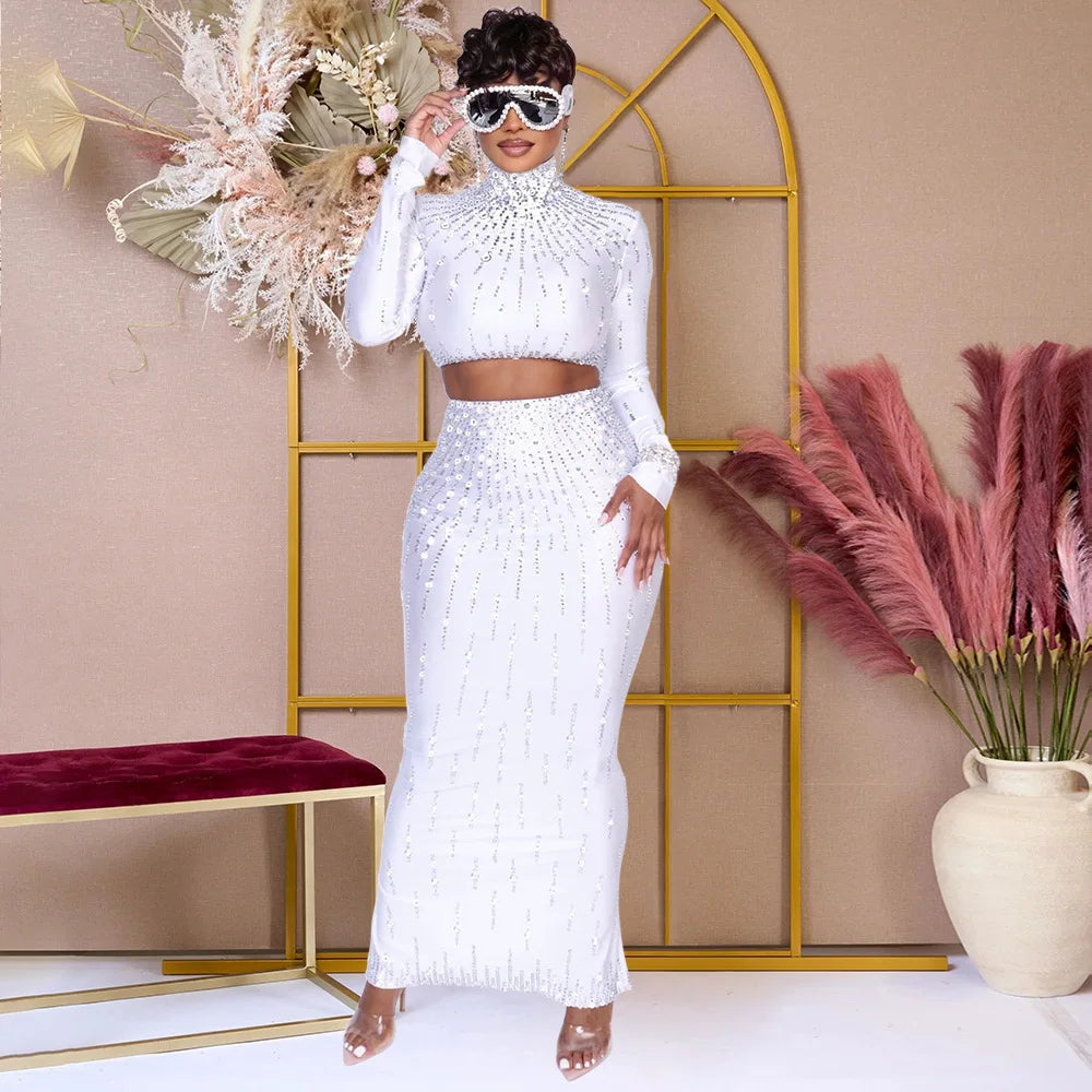 CM.YAYA Women Set Street long sleeve Print Crop Tops + High Waist Long Skirts Suits Sexy Party Holiday Two 2 Piece Sets Dress - JN Fashion Fusion